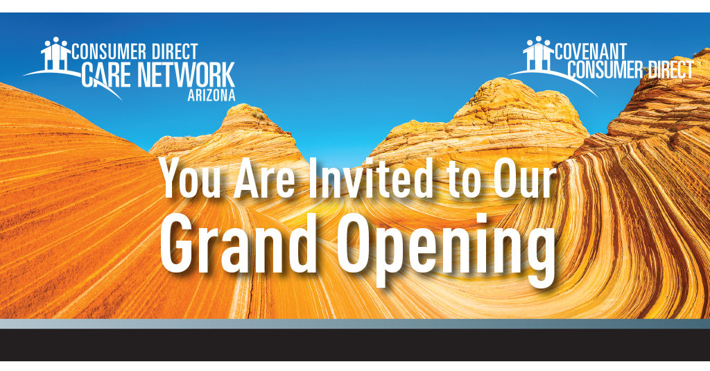 Yuma Arizona grand opening flyer with blue skies and wind carved hills in the background.