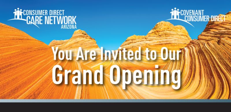 Yuma Arizona grand opening flyer with blue skies and wind carved hills in the background.